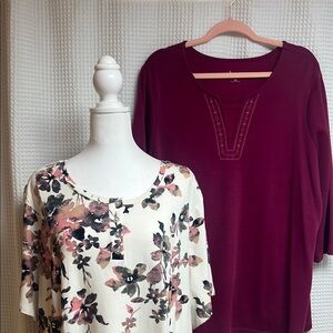 Denim&Co set of 2 Tops-Floral Print and Burgundy Women's Tops- 2X